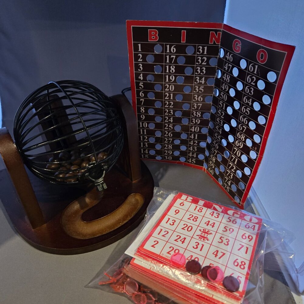 Wooden Bingo Cage Set – Incomplete – Cards & Markers Included